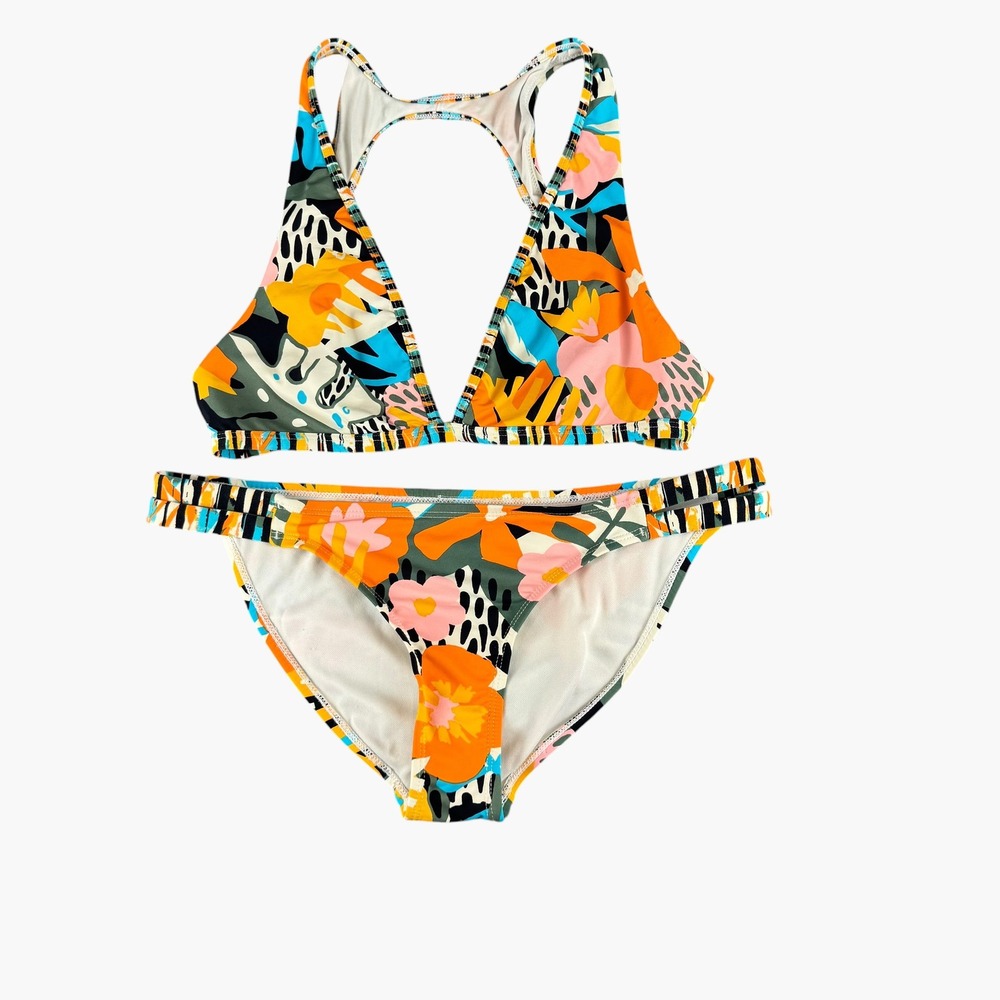 Eidon Womens Tropical Floral Racerback Bikini Set Orange Pink Blue Size M